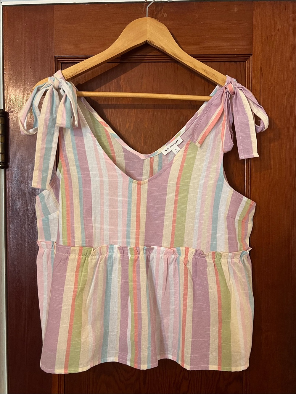 Blu Pepper Pastel Stripe Tie Shoulder Babydoll Boho Top Size Large - Picture 2 of 7